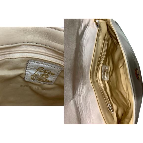 80s 90s White Leather Semi Circle Shoulder Bag Gold Chain Accents - Picture 8 of 11